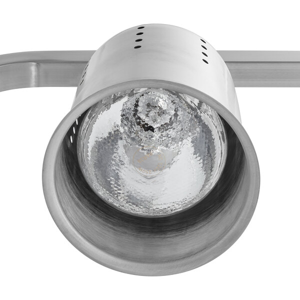 A stainless steel Avantco heat lamp with a round bulb.