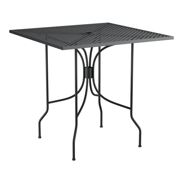 A Lancaster Table & Seating Harbor Black square outdoor table with ornate legs.