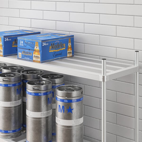 A Regency Top Shelf for Keg Racks holding beer bottles and cans.