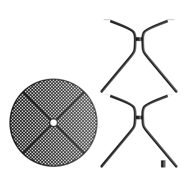 A black metal Lancaster Table & Seating round outdoor table top with holes in it.