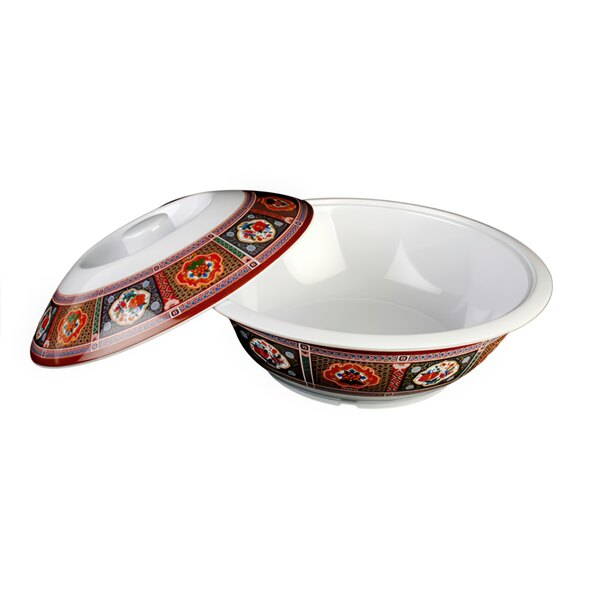 A white melamine bowl with a peacock design lid.