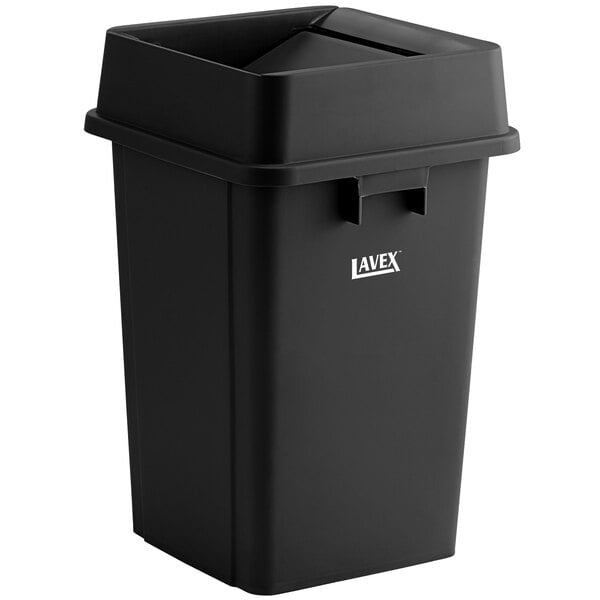 A black square Lavex trash can with a swing lid.