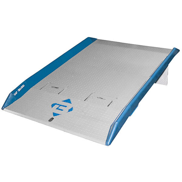 A blue and silver Bluff Manufacturing rectangular steel dock board with a blue logo.