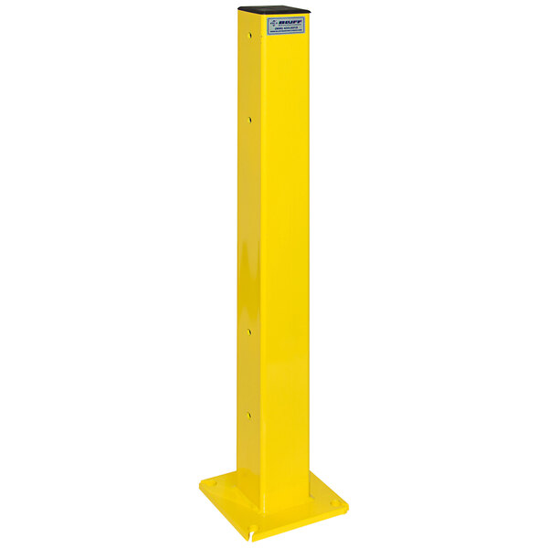 A yellow metal tube post with a black metal base and fasteners.