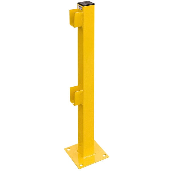 A yellow metal Bluff Manufacturing double rail end post with black base and holes.