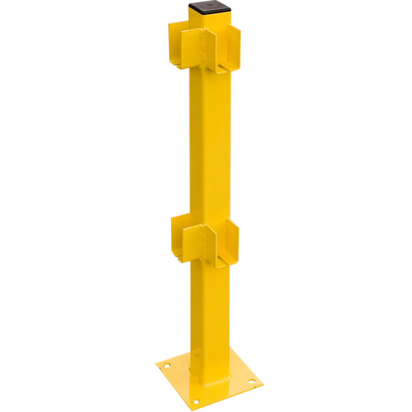 A yellow metal Bluff Manufacturing corner post with black rails and holes.