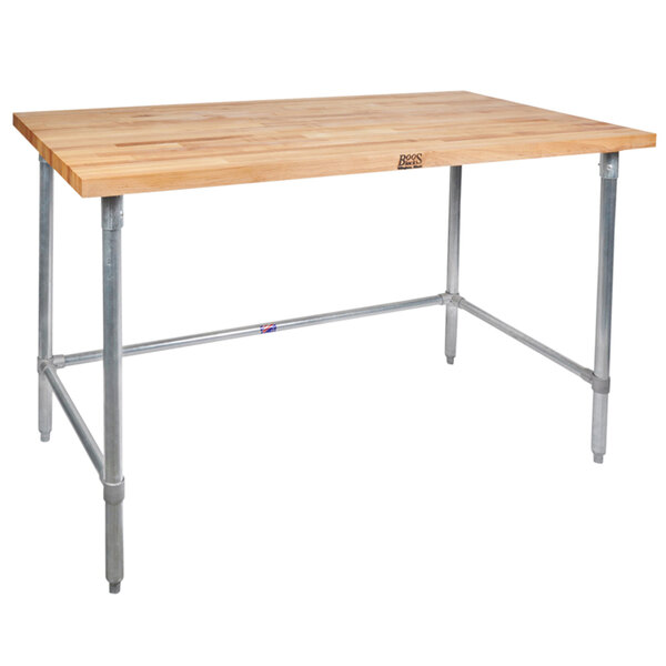 A wooden table with metal legs.