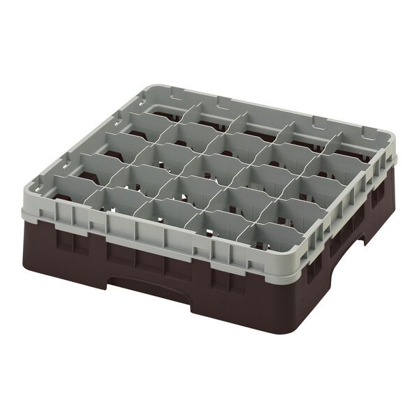 A brown Cambro plastic glass rack with many compartments.