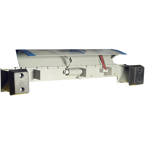 A metal Bluff Manufacturing Edge of Dock Leveler with blue and black surfaces.