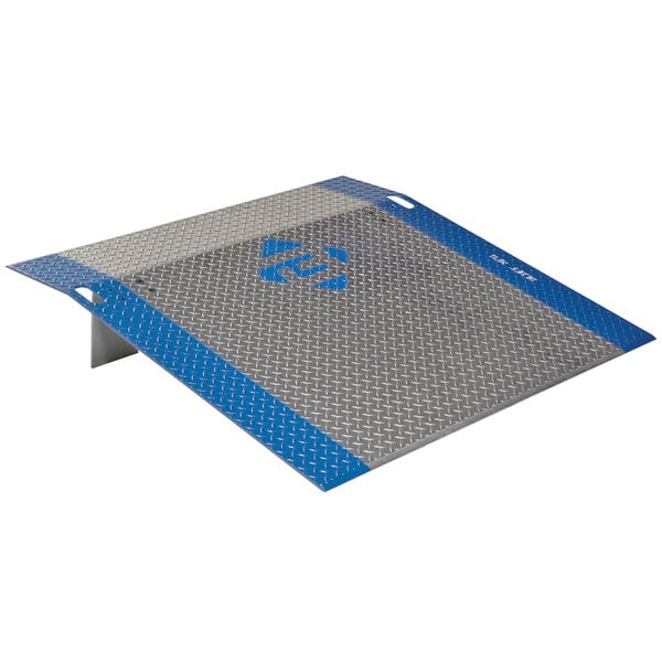 A close-up of a Bluff Manufacturing aluminum dock plate with blue stripes on the metal.