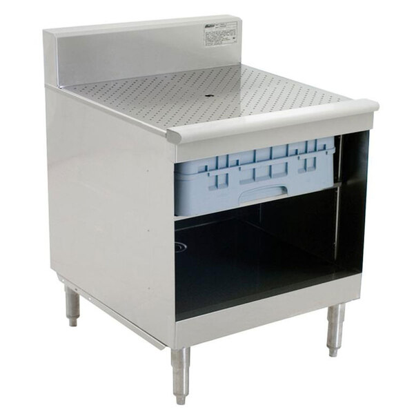 A stainless steel Eagle Group modular glass rack storage unit with a recessed worktop and a drawer.