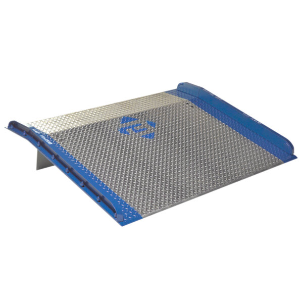 A silver metal dock board with blue trim and a blue logo.