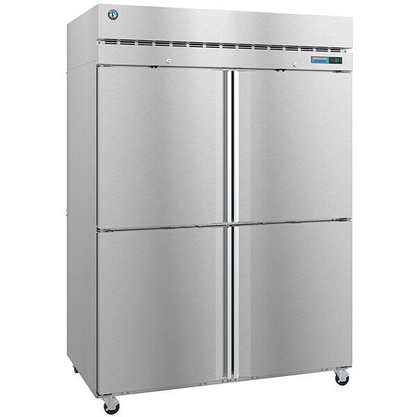 A silver Hoshizaki pass-through refrigerator with two solid doors.