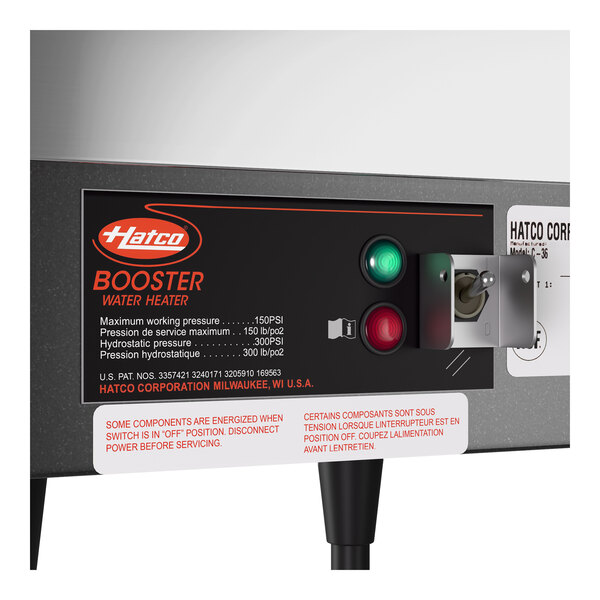 A Hatco C-36 compact booster water heater with control panel and indicator lights.
