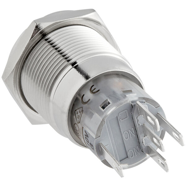 A silver metal start button with white text.