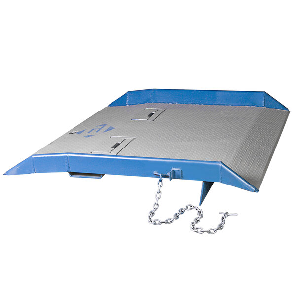 A blue and silver metal platform with blue trim and chains.