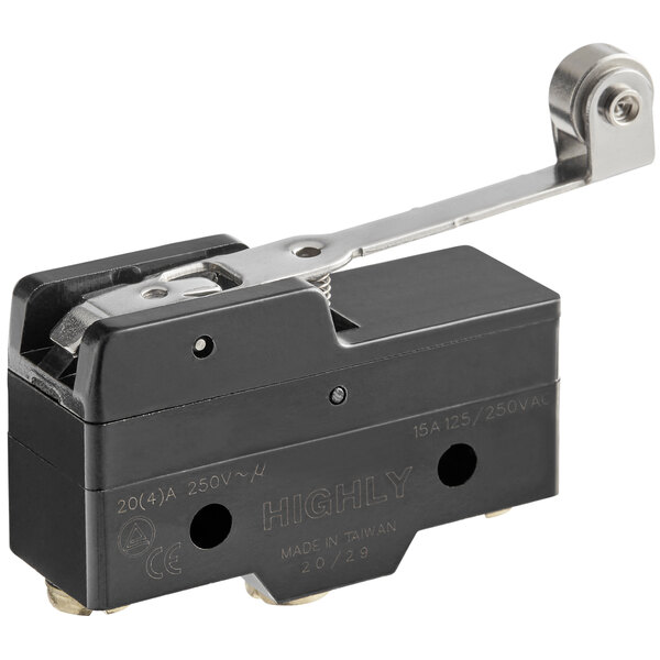 A black switch for a Backyard Pro Butcher Series meat saw with a metal lever.
