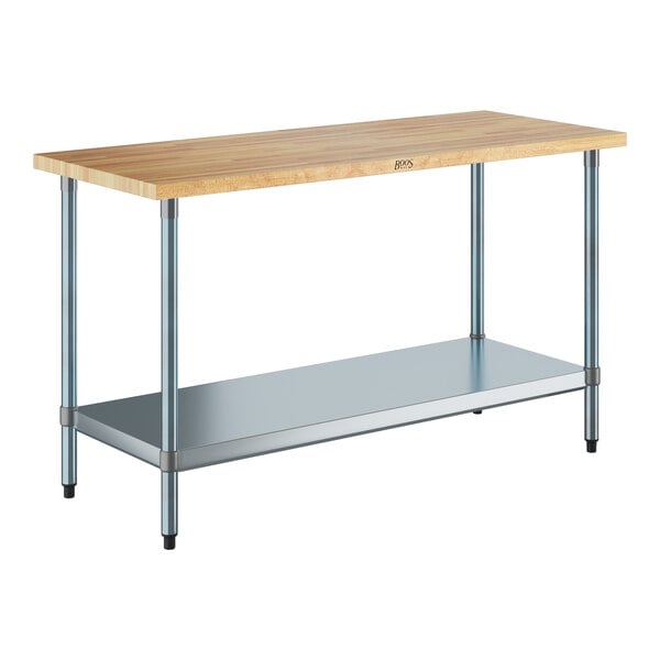 A John Boos wood work table with a galvanized metal base and undershelf.