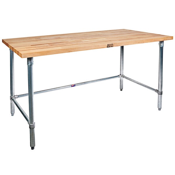 a wooden table with metal legs