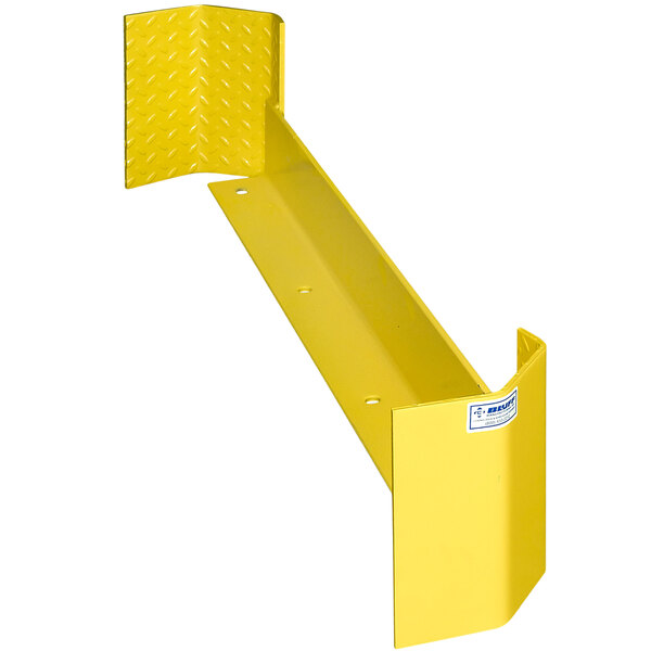 A yellow metal Bluff Manufacturing rack guard with holes in it.