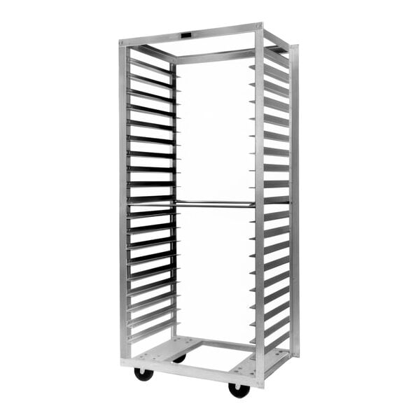 A Metro sheet pan rack with wheels.