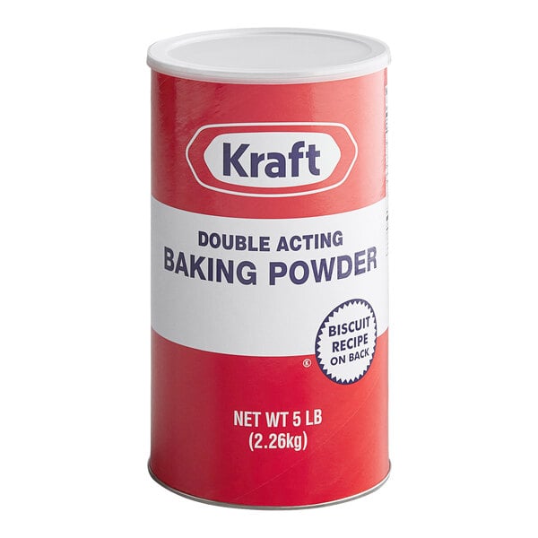 A cylindrical canister with a red and white label displaying 'Kraft Double Acting Baking Powder' and a net weight of 5 lb (2.26 kg).