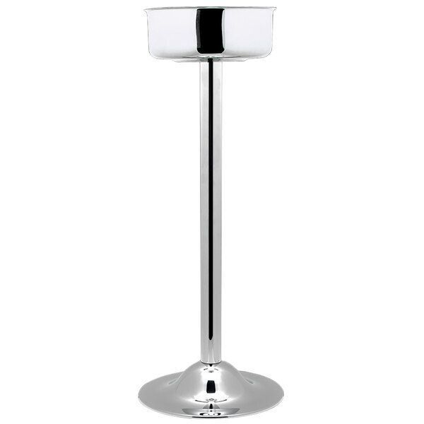 A silver pedestal with a round base and a long metal pole with a black stripe.
