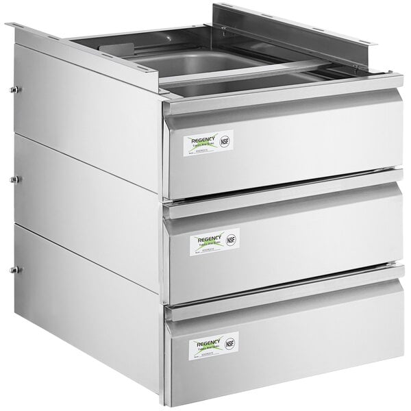 A Regency stainless steel triple-stacked drawer set on a counter.