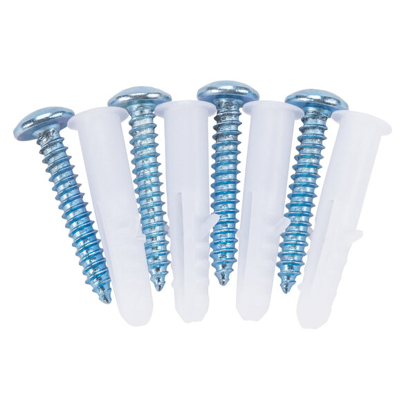 A group of blue and white screws and plastic plugs.