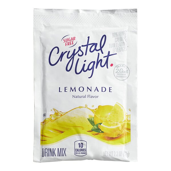 A white Crystal Light lemonade packet with blue text and a lemon on it.