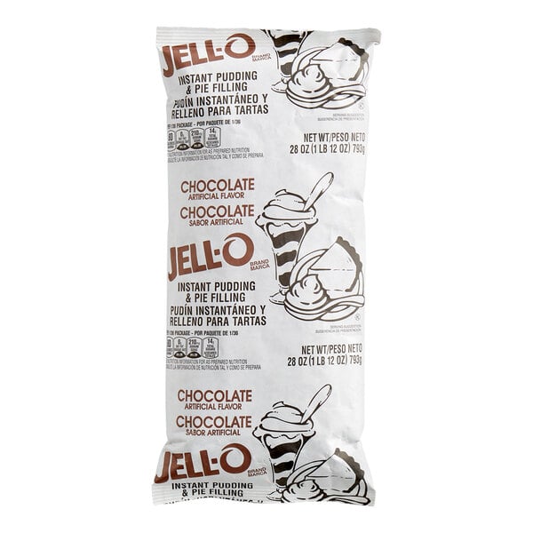 A sealed white bag labeled "JELL-O Instant Pudding & Pie Filling" with chocolate flavor and illustrations of pudding and pie.