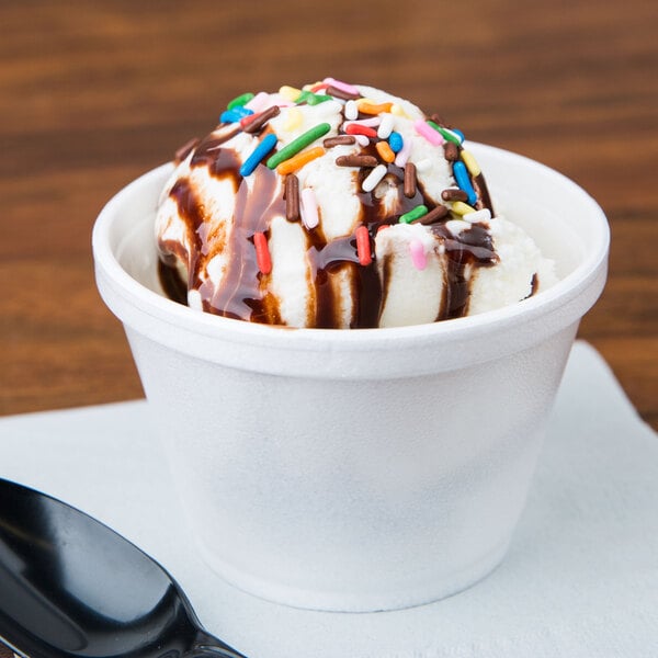 Vanilla ice cream in a white foam food bowl, topped with chocolate syrup and rainbow sprinkles
