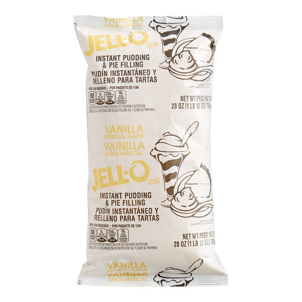 A sealed white bag labeled "JELL-O Instant Pudding & Pie Filling Vanilla Artificial Flavor" with illustrations of pudding and pie.