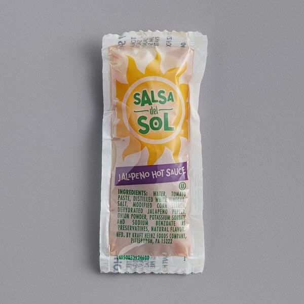 A case of 500 Salsa Del Sol Jalapeno hot sauce packets.