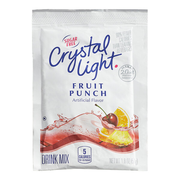 A white box of 12 Crystal Light Fruit Punch packets with a picture of fruit punch splashing with a cherry and orange slice.