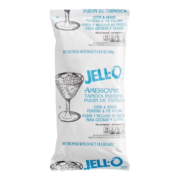 A white bag labeled 'JELL-O Americana Tapioca Pudding' with blue text and illustrations of a dessert dish, containing 24 oz (680g) of pudding mix.