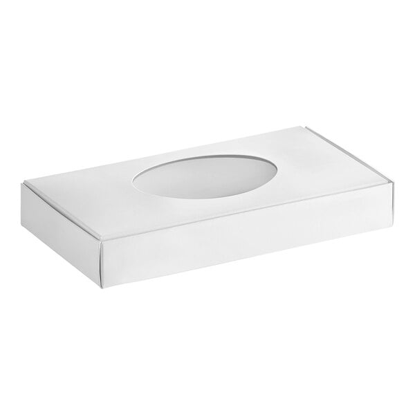 A white rectangular 1/2 lb. candy box with a window on top.