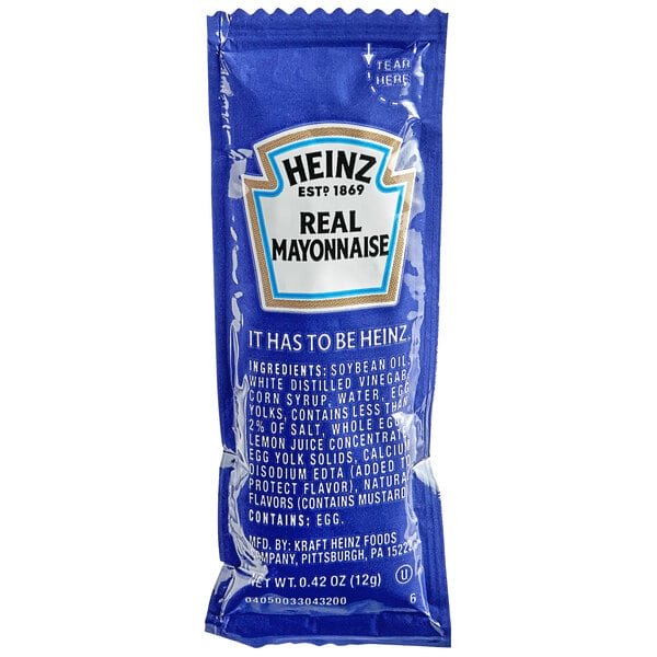 A blue Heinz mayonnaise packet with white text.