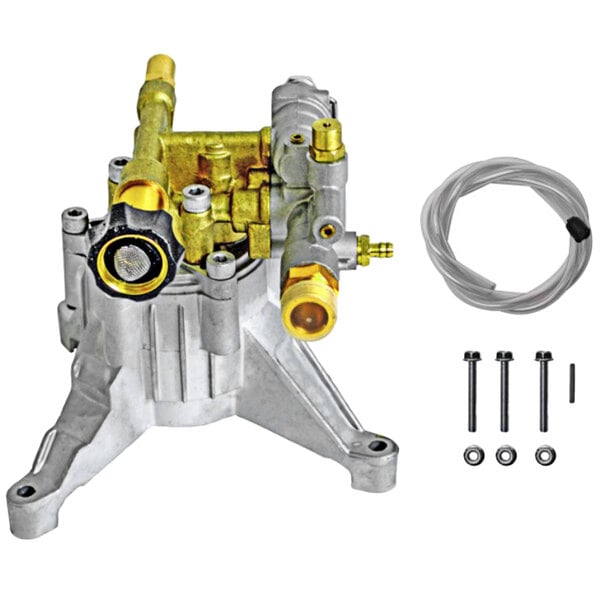 A gold Simpson OEM Technologies vertical axial cam pump with a hose and screws.