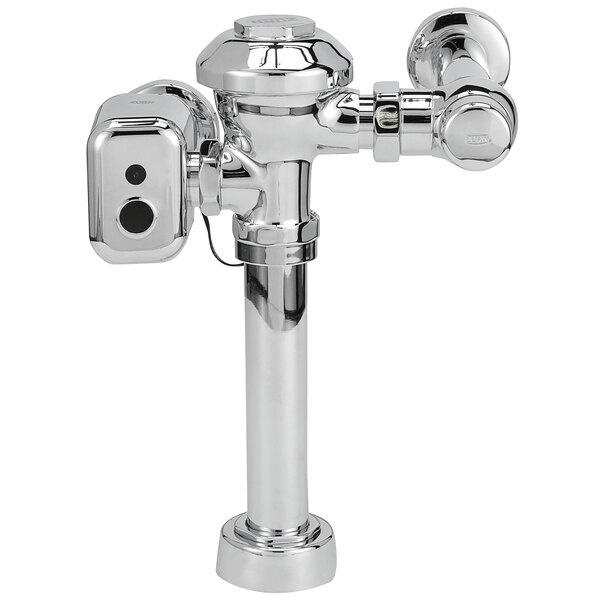 A Zurn chrome plated metal toilet flush valve.