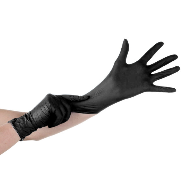 A person wearing Lavex black disposable gloves.