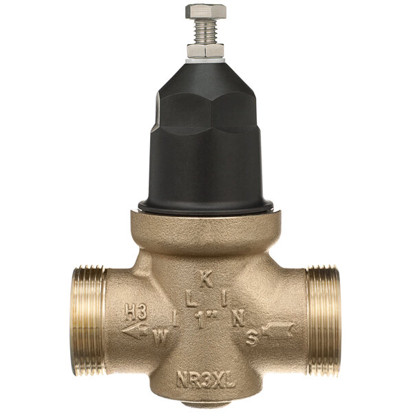 A close up of a Zurn brass water pressure reducing valve with a black cap.