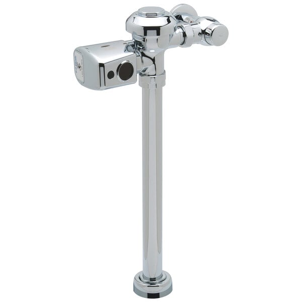 A chrome plated metal Zurn toilet flush valve.