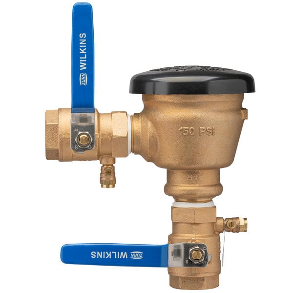 A Zurn brass Pressure Vacuum Breaker valve with blue handles.