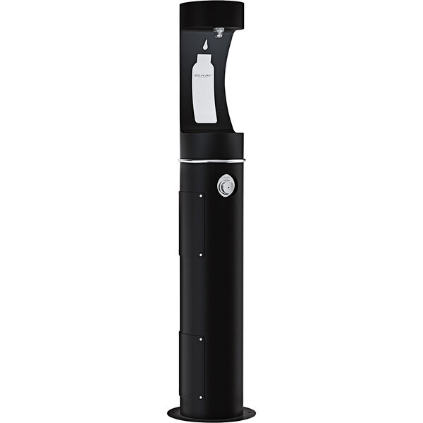 An Elkay black outdoor pedestal bottle filling station with a white label.