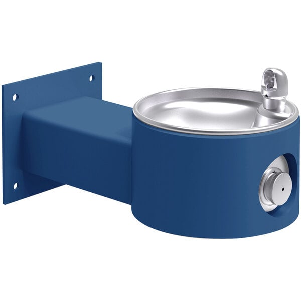 An Elkay blue wall mounted drinking fountain with a silver handle.