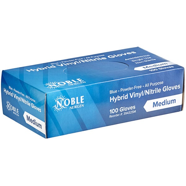 A blue Noble box of disposable gloves with white text.