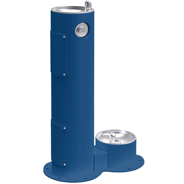 An Elkay blue outdoor pedestal drinking fountain with a stainless steel bowl and pet station.