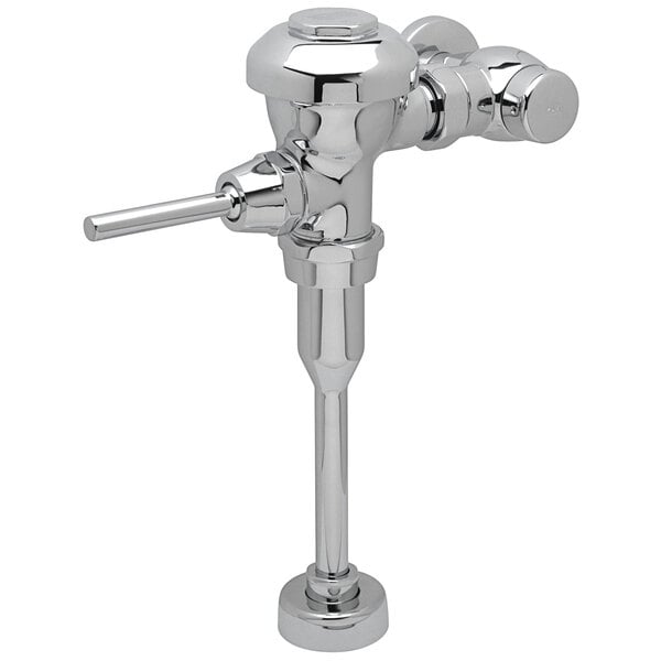 A chrome plated Zurn Aquaflush manual exposed diaphragm flush valve with a cast wall flange for a urinal.