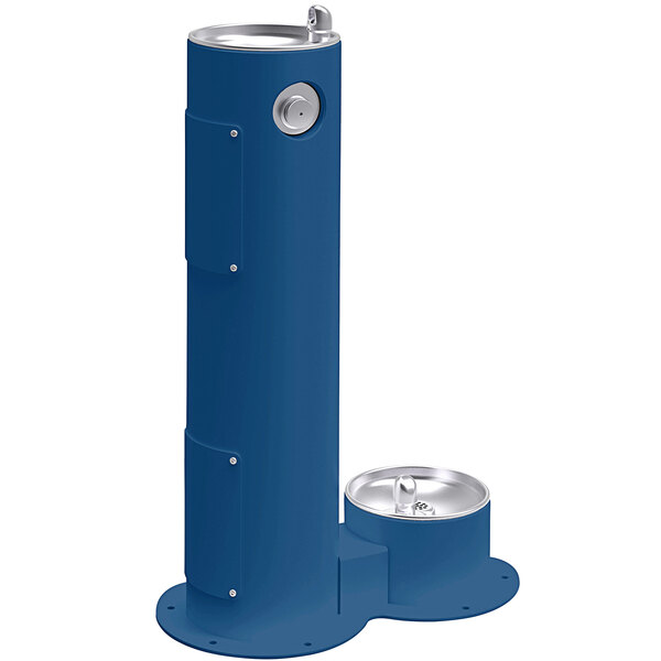 An Elkay blue outdoor pedestal drinking fountain with a stainless steel bowl above and a pet bowl below.
